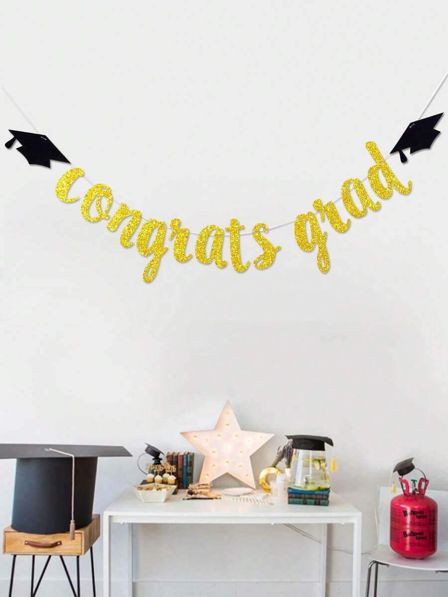 1pc Gold Glitter Congrats Grad Banner With Graduation Cap Detail, For ...