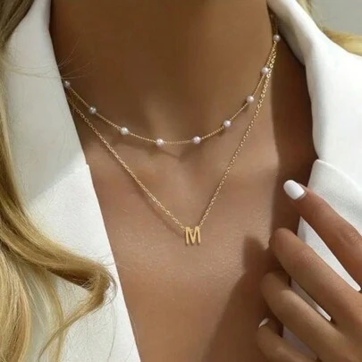 2入組/套新款時尚不鏽鋼字母項鍊和珠鏈套裝，適用於女士
