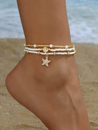 3pcs/Set Women Simple White Rice Bead/Faux Pearl Beaded Anklet With Golden Starfish & Seashell Charms, Suitable For Daily Wear And Vacation