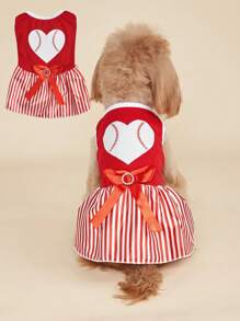 1pc Red Striped Bow Cheerleader Dress For Small/Medium Pet Dogs, Spring/Summer - Red - View 2