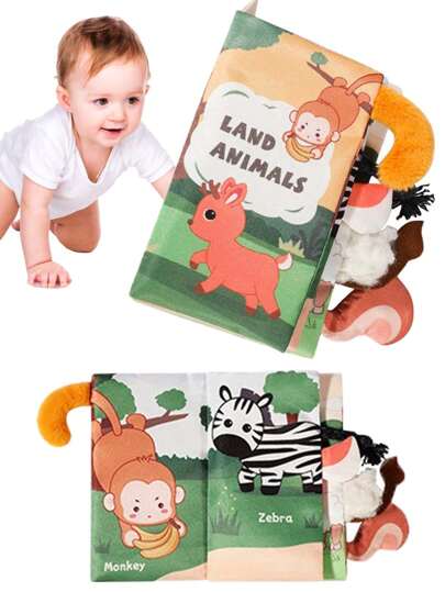 1個早教寶寶感官玩具，軟布書認知閱讀互動玩具，可愛的動物尾巴造型故事書，耐用，三維書，隨機款式