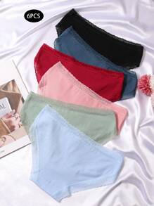 Yun Meng Ni 6 条装纯色性感蕾丝边柔软舒适低腰三角内裤带蝴蝶结装饰 - 彩色 - 查看 3