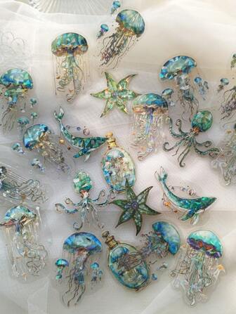 1 Pack Of 20pcs Ocean Creature PET Stickers With Jellyfish, Dolphins, Wishing Bottles, Shells And Foil Print For DIY Crafts Decoration Back To School