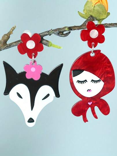 A Pair Of Playful Cartoon Cute Little Red Hat Big Gray Wolf Cartoon Asymmetrical Personalized Acrylic European And American Women's Earrings