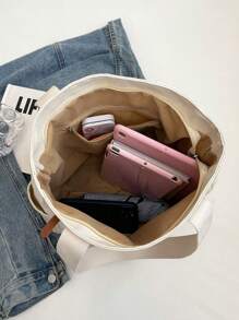 Túi tote màu trơn cổ điển dành cho nữ, Túi đeo vai Hobo nhiều ngăn thời trang, Túi đựng đồ du lịch dưới cánh tay dung tích lớn, Túi xách thông thường đi lại và đi chơi, Túi Messenger mua sắm hình vuông di động để sử dụng hàng ngày - Màu be - Xem 8