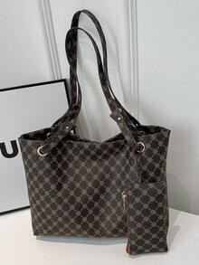 Bộ 2 món in hình cổ điển dành cho nữ Túi tote có ví nhỏ, tối giản sức chứa lớn khi đi du lịch, Túi đeo vai ngoài trời, tay cầm đa năng thông thường Túi xách lưu trữ mua sắm hàng ngày, Ví Satchel di động nhẹ để đi lại và đi chơi - Nhiều màu - Xem 2