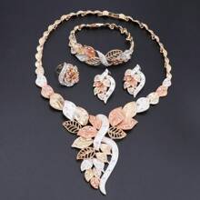 1pc Fashionable Crystal Leaf Gold-Colored Jewelry Set, Including Necklace, Earrings, Bracelet And Ring, Suitable For Women's Wedding Party Outfits, Gift Set