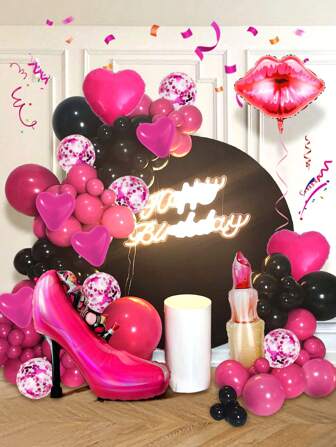89pcs/Set Hot Pink & Black Balloon Garland Kit With Heart, Lips Printed Balloons, High Heel Shaped Balloons, Ideal For Girls' Parties, Bachelorette Parties, Birthday Balloons Decorations, Valentine's Day Decorations,