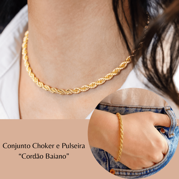 Conjunto Choker e Pulseira Cordão Baiano Banhado Ouro Conjunto Choker Pulseira