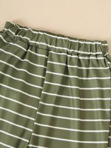 Boys Summer Solid Color Short Sleeve Top With Pocket + Striped Pants