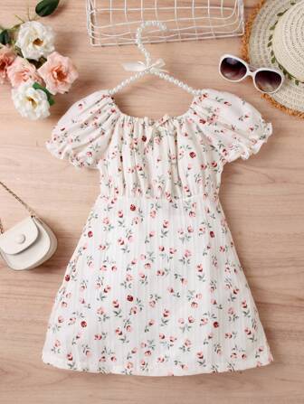 BASUSARRI Young Girl Summer Floral Dress, Country Style Princess Dress For Outdoor Activities