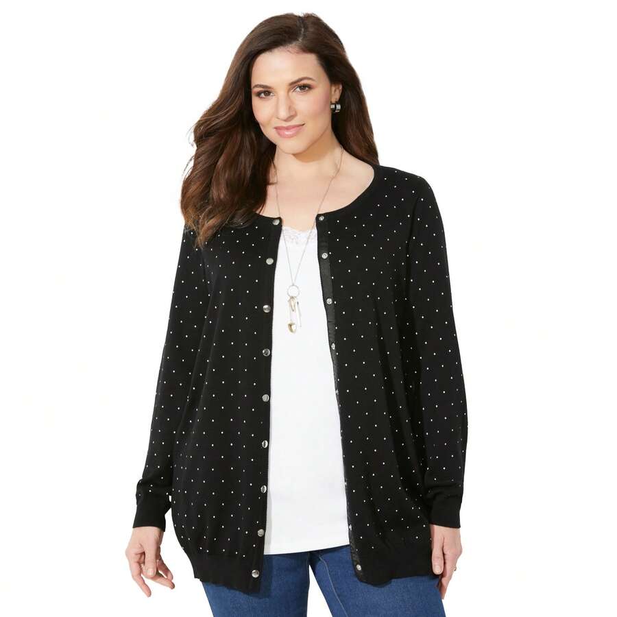Catherines Women's Plus Size The Timeless Cardigan - BLACK aND WHITE DOT - View 1