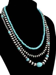 3pcs Vintage Silver Tone Turquoise Beaded Necklace, Retro Choker Necklace Suitable For Daily Wear With Various Outfits