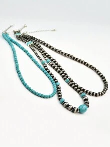 3pcs Vintage Silver Tone Turquoise Beaded Necklace, Retro Choker Necklace Suitable For Daily Wear With Various Outfits