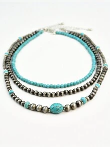 3pcs Vintage Silver Tone Turquoise Beaded Necklace, Retro Choker Necklace Suitable For Daily Wear With Various Outfits