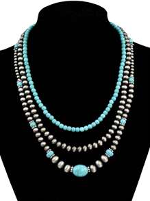 3pcs Vintage Silver Tone Turquoise Beaded Necklace, Retro Choker Necklace Suitable For Daily Wear With Various Outfits