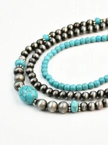 3pcs Vintage Silver Tone Turquoise Beaded Necklace, Retro Choker Necklace Suitable For Daily Wear With Various Outfits