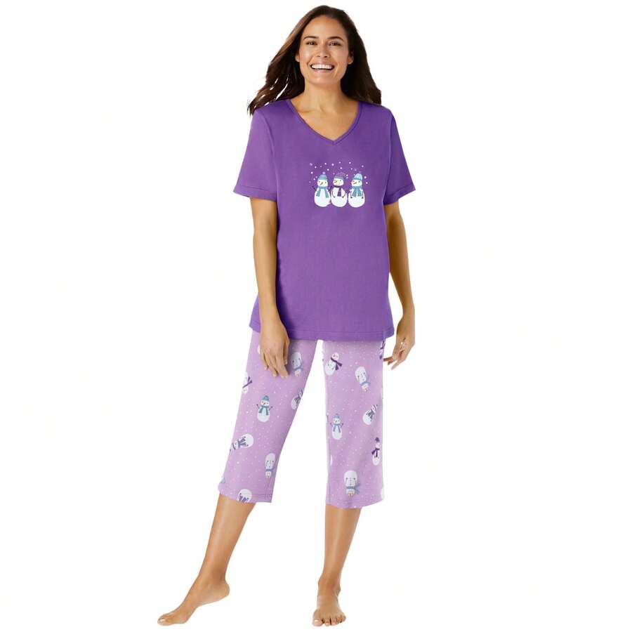 Dreams & Co. Plus Size 2-Piece Capri PJ Set - PRETTY VIOLET SNOWMAN - View 1