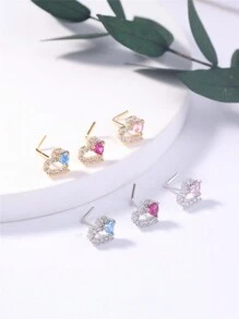 KARYOKO 1pc L Shaped Nose Studs Red Pink Blue CZ Heart Nose Ring Cute Shiny 14K Gold Plated Silver Nose Studs For Women Girl Nose Piercing Jewelry L Bend 20G Nose Pin Valentines