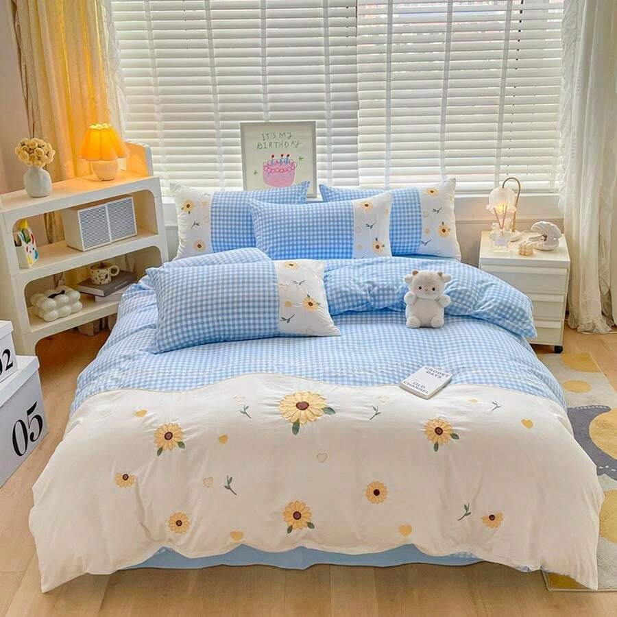 Fresh Daisy Embroidered Bedding Set For Teenage Girls (Duvet Cover