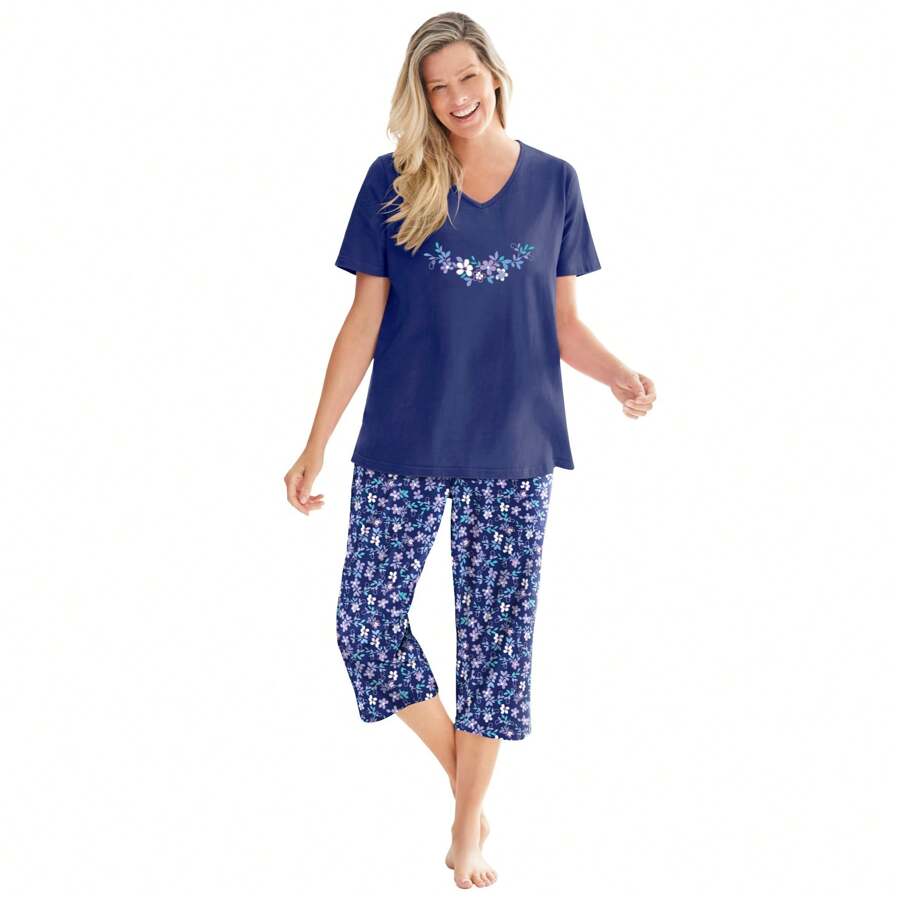 Dreams & Co. Plus Size 2-Piece Capri PJ Set - EVENING BLUE FLOWERS - View 1