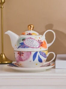 1入組咖啡杯+1入組碟子+1入組茶壺，歐式水果波希米亞陶瓷咖啡杯碟子，下午茶套裝，母子茶壺，帶金邊家用茶具 - 混色 - 查看 11