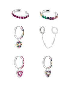 6Pcs Cute Gold Plated Cubic Zirconia Heart Dangle Earrings For Women Colorful Zirconia Flower Hoop Earrings Set Fashion Jewelry