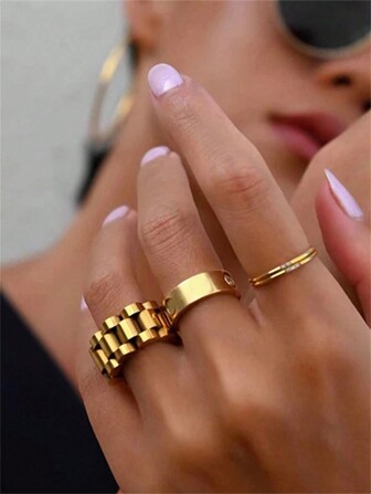 TONSI 1pc Gold Plated PVD Thick Chain Women's Ring, Stainless Steel Band, Finger Jewelry