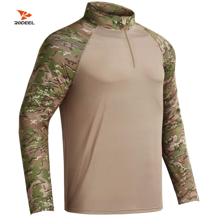RODEEL ผู้ชายกีฬาซิปปกพรางแขนยาวเสื้อยืดแห้งเร็วสำหรับการวิ่ง, เดินป่า ...