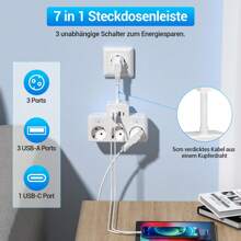 3-Way Power Strip, Multiple Socket With Switch, Wall-Mounted Power Strip With 3 USB A + 1 USB C, Socket Adapter Surge Protection, Distribution Socket For Office Travel White - 白色 - 查看 5
