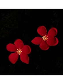 1對韓國時尚皇家藍色花朵耳針，鑲嵌鑽石，奢華風格 - 紅色優雅著華誇張的花朵耳環 - 查看 4