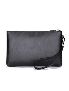 1入黑色純色可攜帶拉鍊復古時尚PU材料手拿包，適用於男士日常通勤和旅行存放手機、鑰匙和錢包等物品手袋手腕包錢包工作暑假度假出行實用皮革禮物個性化禮品男友父親丈夫 - 黑色 - 查看 3