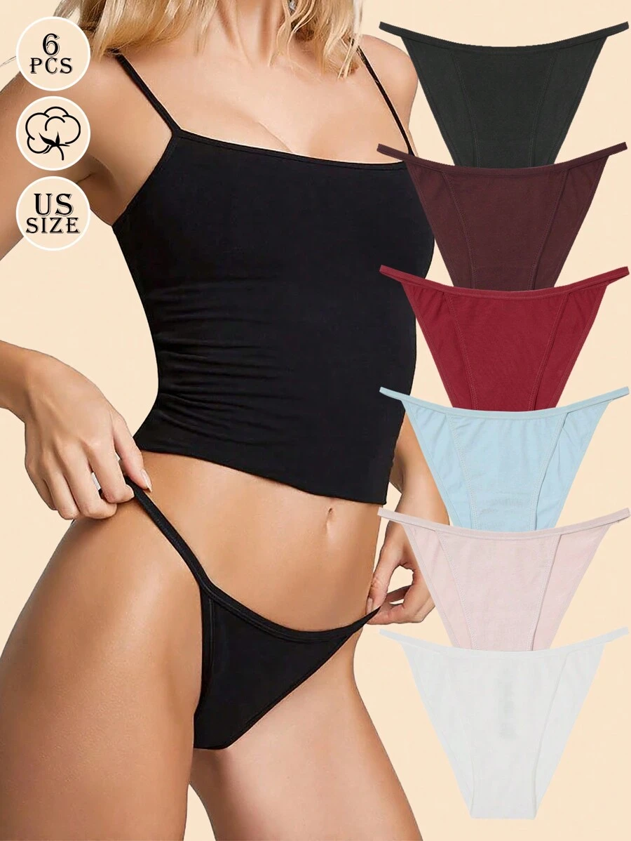 Bộ 6 món đồ lót nữ cỡ lớn nhiều màu sắc, bao gồm quần lọt khe, bikini và quần đùi cạp cao co giãn, size S-XXL.