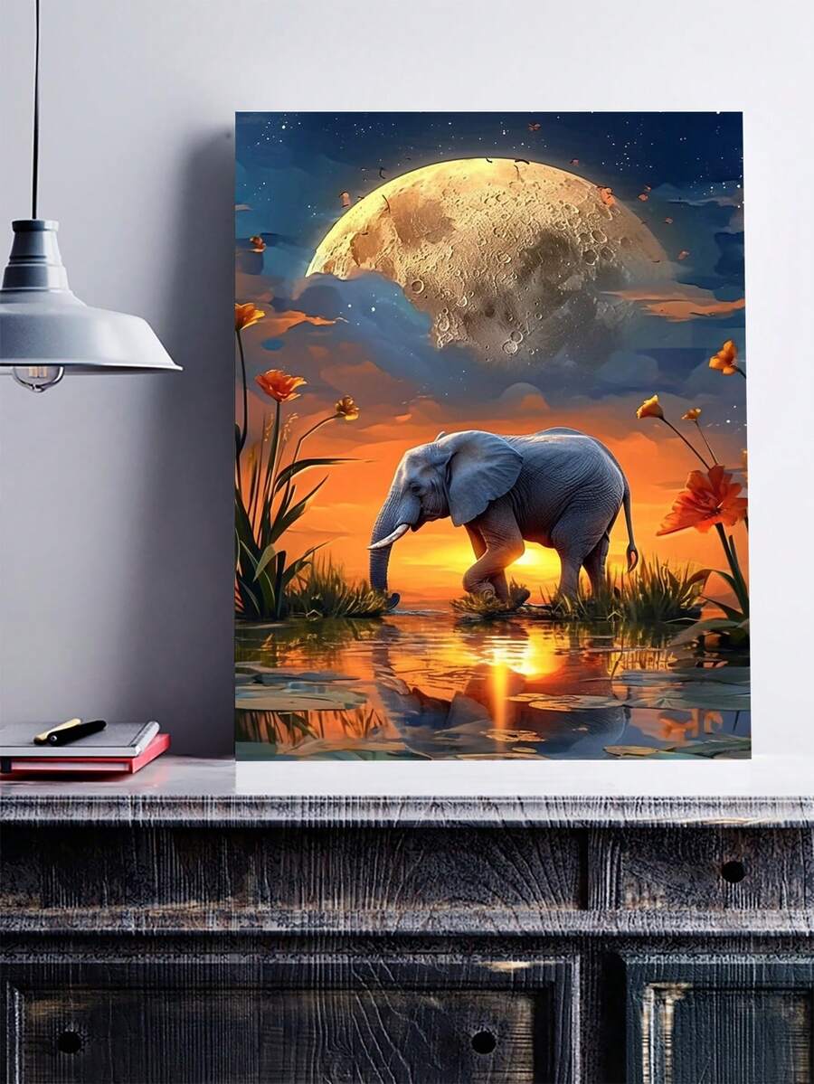 日落下的大象-圓形全鑽DIY鑽石畫馬賽克，客廳家居牆藝術裝飾，創意刺繡，鑽石刺繡 - 彩色 - 查看 1