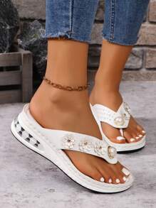 Women Thick-Soled Wedge Heel Sandals With Air Cushion, Fashionable Pearl Beaded Open-Toe Slippers, Anti-Slip, Mid-Heeled Casual Beach Shoes - White - View 1