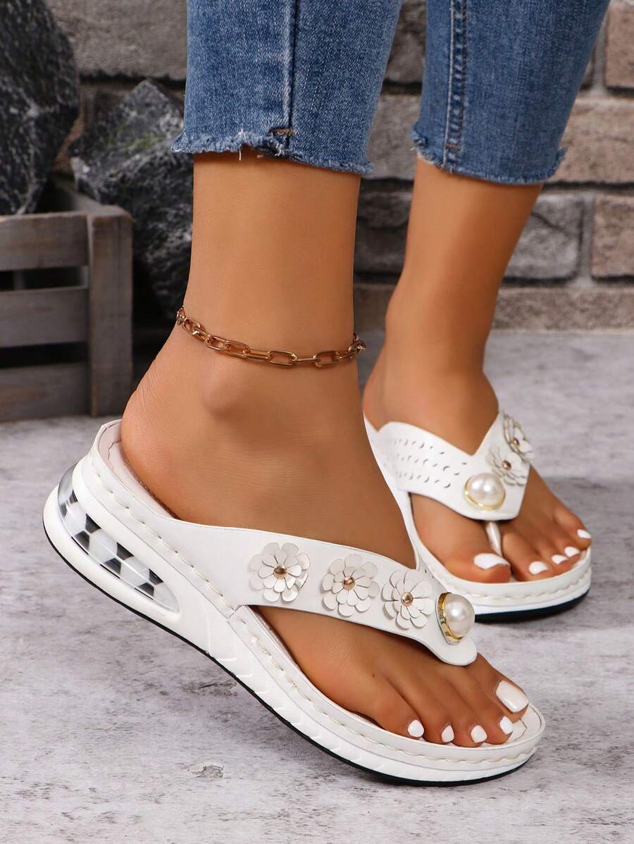 Women Thick-Soled Wedge Heel Sandals With Air Cushion, Fashionable Pearl Beaded Open-Toe Slippers, Anti-Slip, Mid-Heeled Casual Beach Shoes - White - View 1