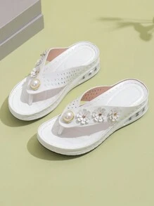 Women Thick-Soled Wedge Heel Sandals With Air Cushion, Fashionable Pearl Beaded Open-Toe Slippers, Anti-Slip, Mid-Heeled Casual Beach Shoes - White - View 6