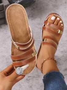 Sandalias negras con tacón alto y punta abierta para mujer, estilo de hada moderno y elegante para verano 2024, con tacón ancho y diseño versátil - Marrón - Ver 4