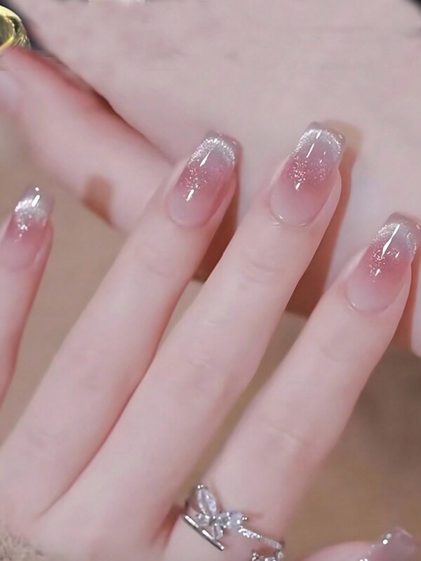 24 Pieces Of Short Aurora Gradient Cat Eye Fingernails With 1 Nail Glue And 1 Nail File Press On Nails