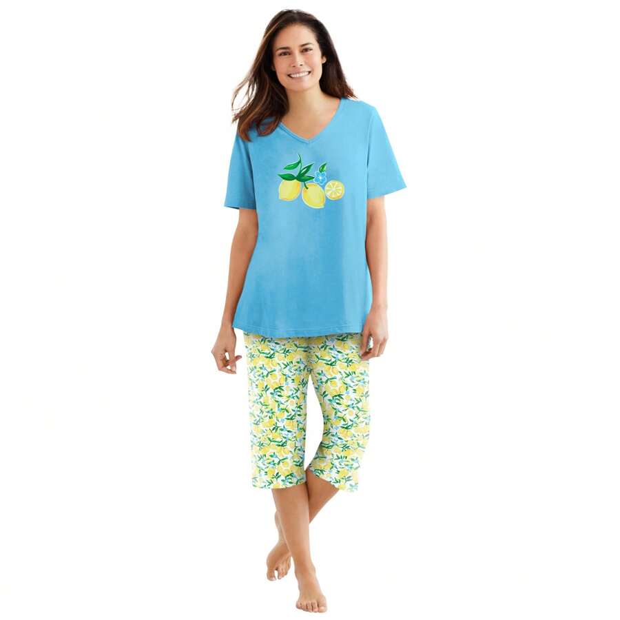 Dreams & Co. Women's Plus Size 2-Piece Capri PJ Set - PALE OCEAN LEMON - View 1