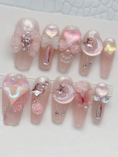 10個 手作り クリスタルバタフライ & ハートデザイン ネイルチップ 用 ロング ネイル 適す 用 誕生日パーティー , ダンス と デイリーウェア