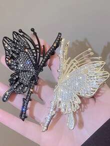 1pc High-End Hollowed-Out Hair Claw With Rhinestone Butterfly Decoration, Vintage Retro Hair Claw Hair Accessory - D-5157 - View 1