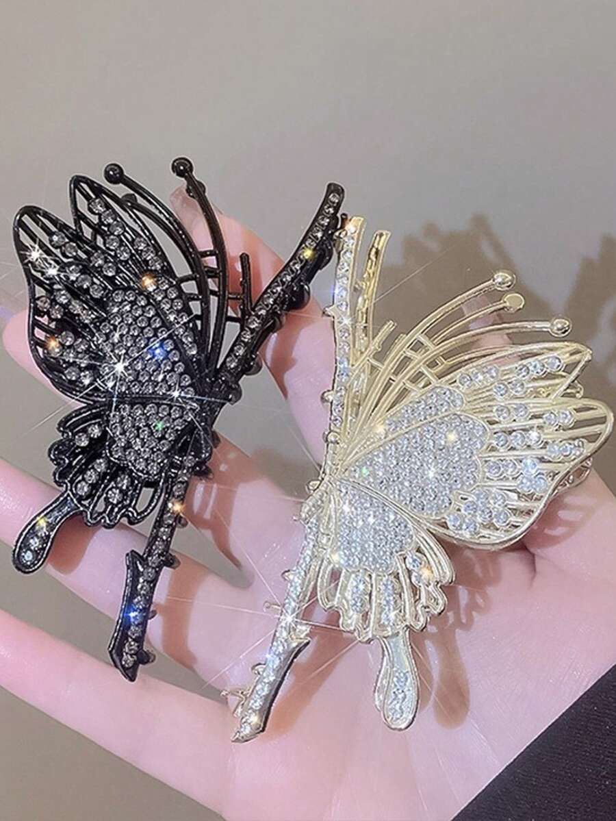 1pc High-End Hollowed-Out Hair Claw With Rhinestone Butterfly Decoration, Vintage Retro Hair Claw Hair Accessory - D-5157 - View 1