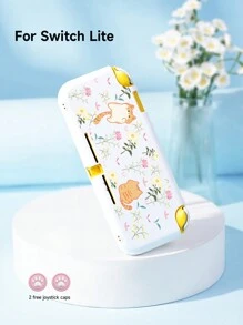 1 witte TPU beschermhoes met tabbykat en bloemenpatroon, wordt geleverd met 2 willekeurige joystickdoppen, compatibel met Switch2/Switch/OLED/Lite, nieuwe Switch2 (2025) bevat geen joystickdoppen
