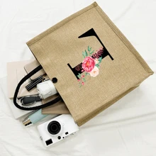 一套两只亚麻手提袋 - 一只大号手提袋印有字母 A-T，一只小号手提袋印有字母和花卉图案，适合作为母亲节礼物或个性化礼品套装。黄色亚麻布搭配黑色提手和按扣，用途广泛，适用于婚礼、生日、海滩、节日等场合，是送给女性、母亲、教师、朋友、伴娘、学生、返校季的完美礼物。（可选两只装或单只装） - 卡其色 - 查看 3