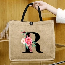 一套两只亚麻手提袋 - 一只大号手提袋印有字母 A-T，一只小号手提袋印有字母和花卉图案，适合作为母亲节礼物或个性化礼品套装。黄色亚麻布搭配黑色提手和按扣，用途广泛，适用于婚礼、生日、海滩、节日等场合，是送给女性、母亲、教师、朋友、伴娘、学生、返校季的完美礼物。（可选两只装或单只装） - 卡其色 - 查看 8