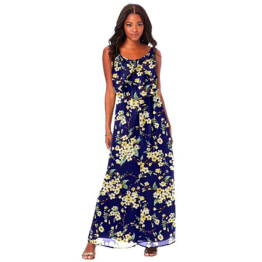 Roaman's Women's Plus Size Romantic Ruffle Dress - NAVY CHERRY BLOSSOM - View 1