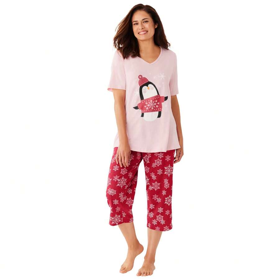 Dreams & Co. Plus Size 2-Piece Capri PJ Set - CLASSIC RED WINTER SNOW - View 1