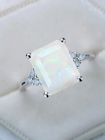 1pc Fashionable Square Cut Australian Opal Ring, Engagement Ring And Daily Wear Ring For Men And Women, Suitable As A Gift For Family/Friends/Couple