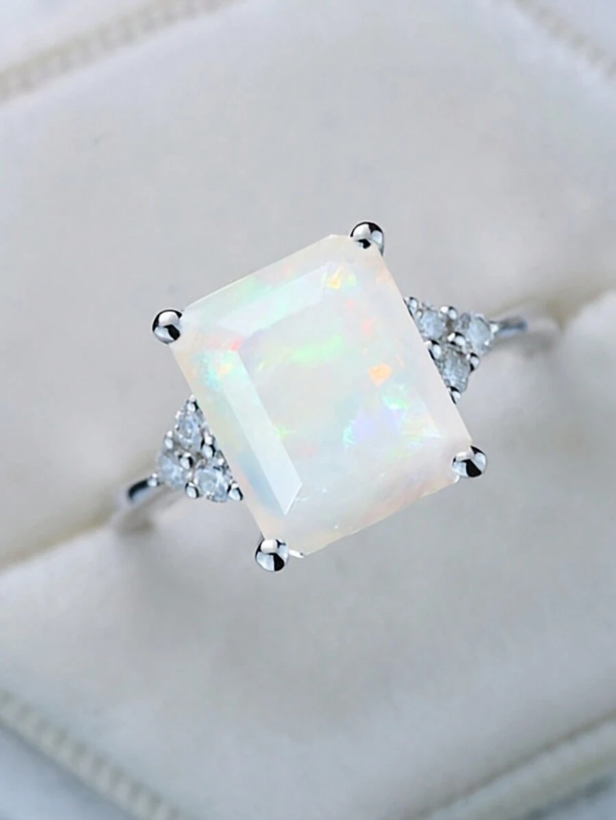 1pc Fashionable Square Cut Australian Opal Ring, Engagement Ring And Daily Wear Ring For Men And Women, Suitable As A Gift For Family/Friends/Couple - White - View 1
